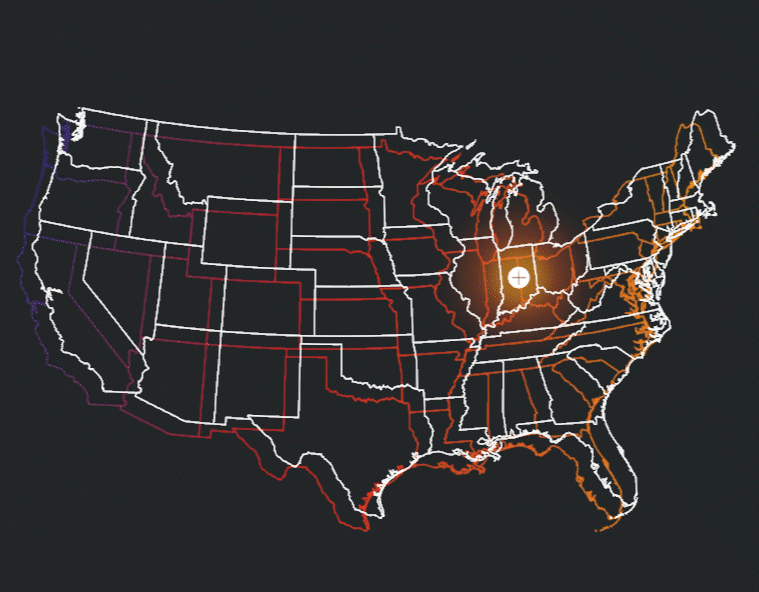 Map of the United States with the Eucharist pulsing light from Indianapolis